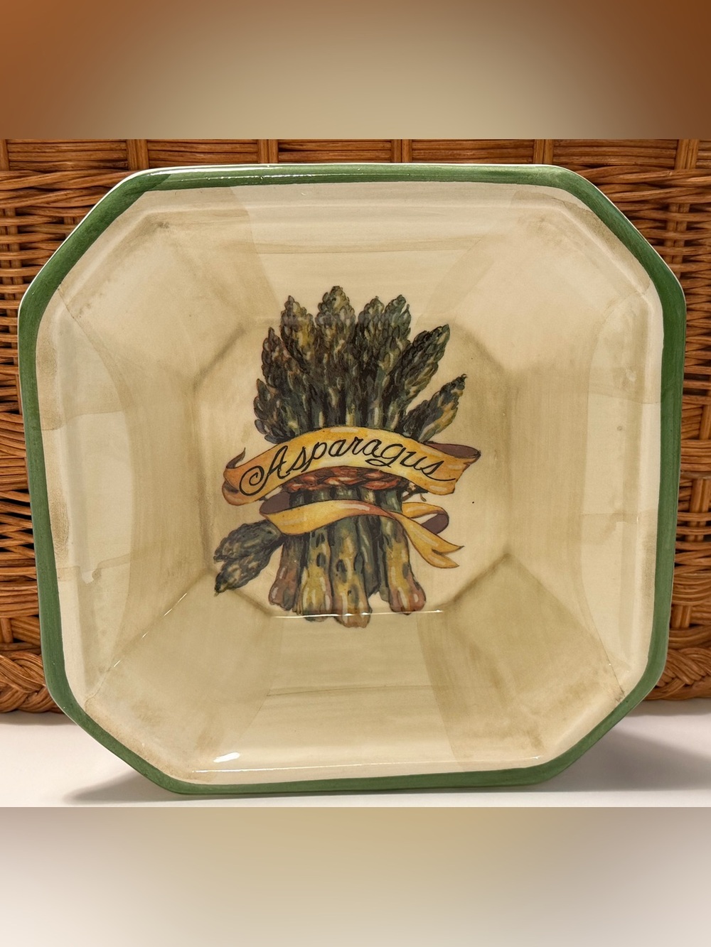 Vintage Ceramica Due Torri Hand-Painted Italian Asparagus Square Serving Bowl